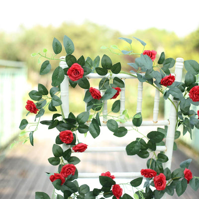 6 ft | Red | 20 Flowers | UV Protected Silk Rose Garland | Bendable Wire Vines | Artificial Flower Garlands with Leaves
