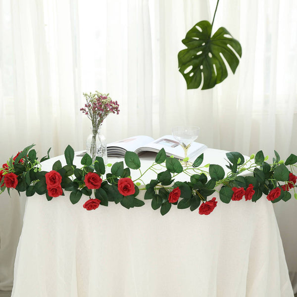 6 ft | Red | 20 Flowers | UV Protected Silk Rose Garland | Bendable Wire Vines | Artificial Flower Garlands with Leaves