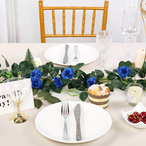 6 ft | Royal Blue | 20 Flowers | UV Protected Silk Rose Garland | Bendable Wire Vines | Artificial Flower Garlands with Leaves