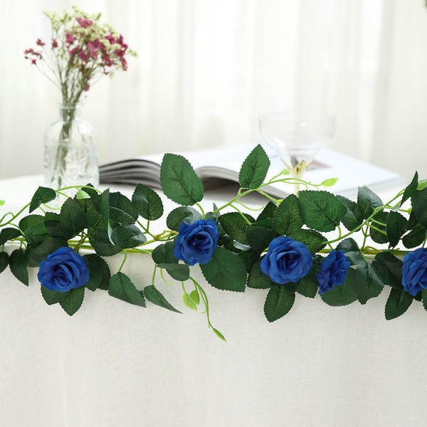 6 ft | Royal Blue | 20 Flowers | UV Protected Silk Rose Garland | Bendable Wire Vines | Artificial Flower Garlands with Leaves