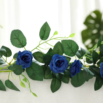 6 ft | Royal Blue | 20 Flowers | UV Protected Silk Rose Garland | Bendable Wire Vines | Artificial Flower Garlands with Leaves
