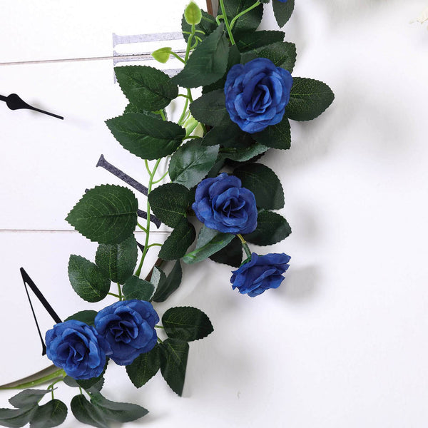6 ft | Royal Blue | 20 Flowers | UV Protected Silk Rose Garland | Bendable Wire Vines | Artificial Flower Garlands with Leaves