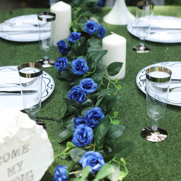 6 ft | Royal Blue | 20 Flowers | UV Protected Silk Rose Garland | Bendable Wire Vines | Artificial Flower Garlands with Leaves