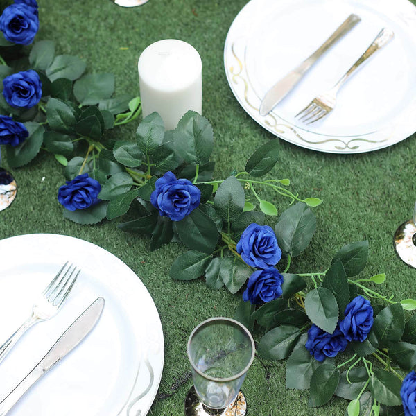 6 ft | Royal Blue | 20 Flowers | UV Protected Silk Rose Garland | Bendable Wire Vines | Artificial Flower Garlands with Leaves