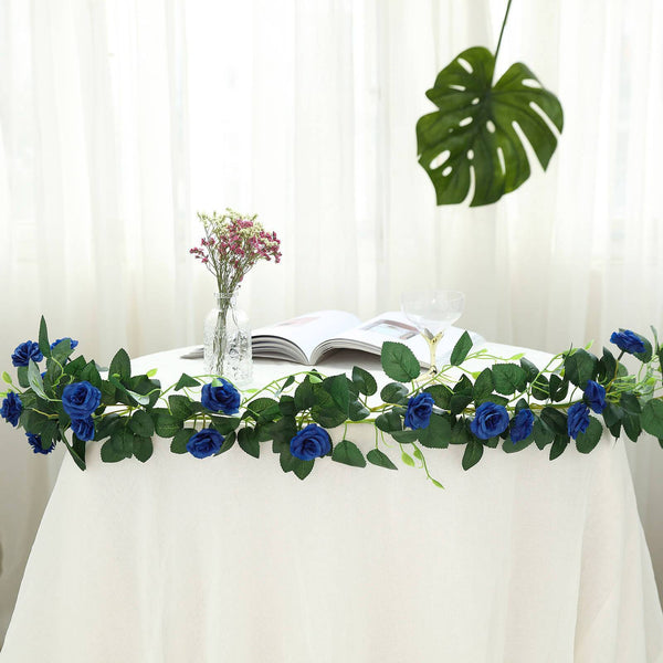6 ft | Royal Blue | 20 Flowers | UV Protected Silk Rose Garland | Bendable Wire Vines | Artificial Flower Garlands with Leaves