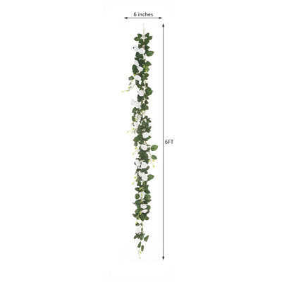 6 ft | White | 20 Flowers | UV Protected Silk Rose Garland | Bendable Wire Vines | Artificial Flower Garlands with Leaves