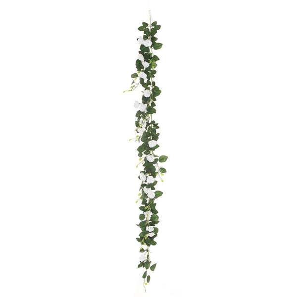 6 ft | White | 20 Flowers | UV Protected Silk Rose Garland | Bendable Wire Vines | Artificial Flower Garlands with Leaves