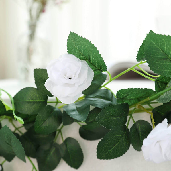 6 ft | White | 20 Flowers | UV Protected Silk Rose Garland | Bendable Wire Vines | Artificial Flower Garlands with Leaves