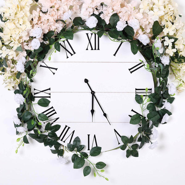 6 ft | White | 20 Flowers | UV Protected Silk Rose Garland | Bendable Wire Vines | Artificial Flower Garlands with Leaves