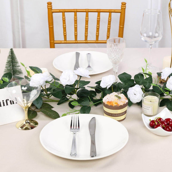 6 ft | White | 20 Flowers | UV Protected Silk Rose Garland | Bendable Wire Vines | Artificial Flower Garlands with Leaves