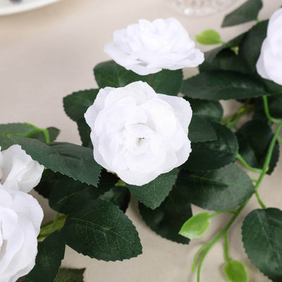 6 ft | White | 20 Flowers | UV Protected Silk Rose Garland | Bendable Wire Vines | Artificial Flower Garlands with Leaves#whtbkgd