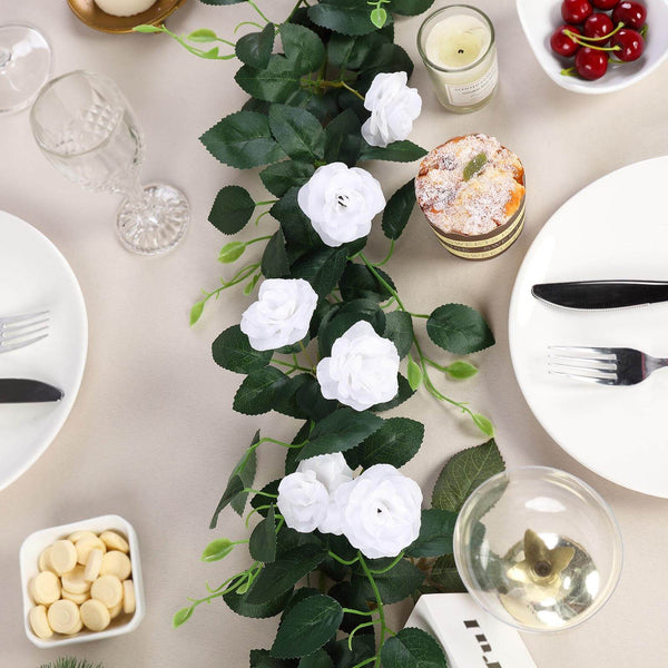 6 ft | White | 20 Flowers | UV Protected Silk Rose Garland | Bendable Wire Vines | Artificial Flower Garlands with Leaves