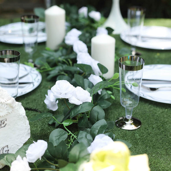 6 ft | White | 20 Flowers | UV Protected Silk Rose Garland | Bendable Wire Vines | Artificial Flower Garlands with Leaves