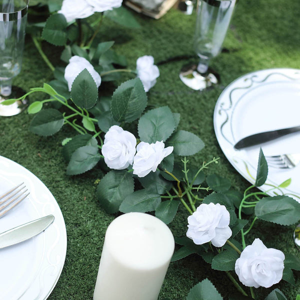 6 ft | White | 20 Flowers | UV Protected Silk Rose Garland | Bendable Wire Vines | Artificial Flower Garlands with Leaves