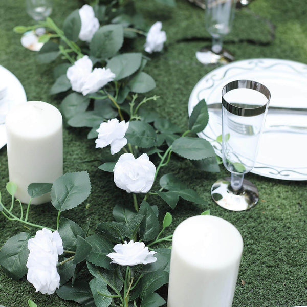 6 ft | White | 20 Flowers | UV Protected Silk Rose Garland | Bendable Wire Vines | Artificial Flower Garlands with Leaves