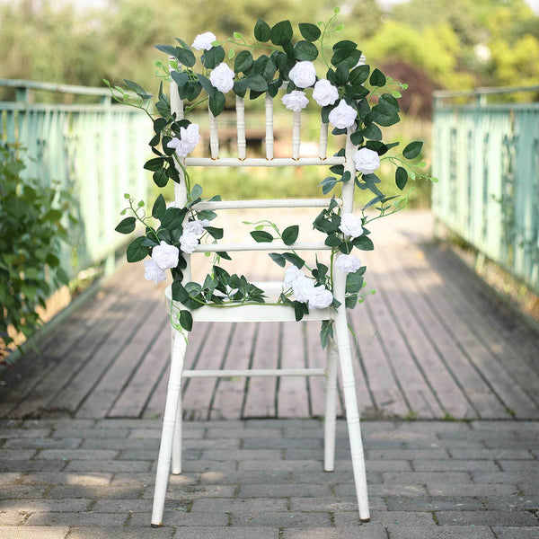 6 ft | White | 20 Flowers | UV Protected Silk Rose Garland | Bendable Wire Vines | Artificial Flower Garlands with Leaves