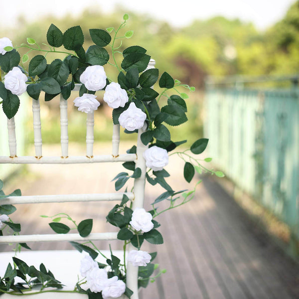 6 ft | White | 20 Flowers | UV Protected Silk Rose Garland | Bendable Wire Vines | Artificial Flower Garlands with Leaves