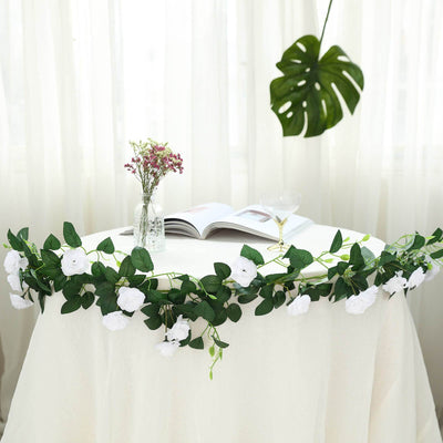 6 ft | White | 20 Flowers | UV Protected Silk Rose Garland | Bendable Wire Vines | Artificial Flower Garlands with Leaves