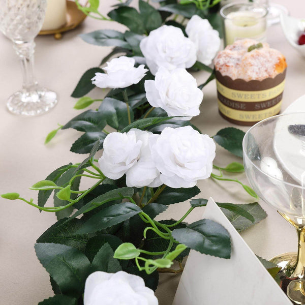 6 ft | White | 20 Flowers | UV Protected Silk Rose Garland | Bendable Wire Vines | Artificial Flower Garlands with Leaves