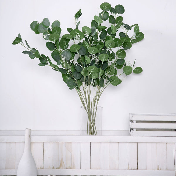 2 Bushes | 40inch Green Artificial Eucalyptus Stems, Silver Dollar Eucalyptus Leaves Spray
