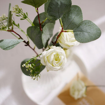 15inch Artificial Seeded Eucalyptus Leaves Stems, Ivory Silk Roses Wedding Greenery Bouquet Floral