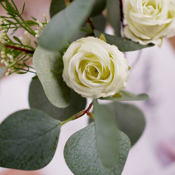 15inch Artificial Seeded Eucalyptus Leaves Stems, Ivory Silk Roses Wedding Greenery Bouquet Floral