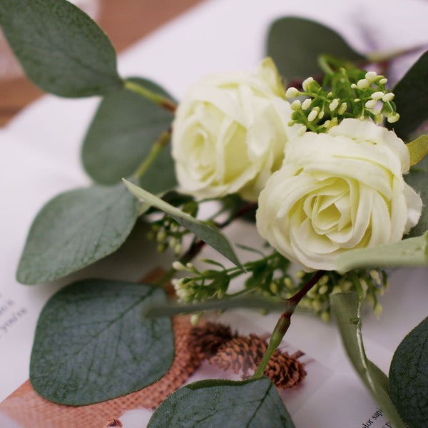 15inch Artificial Seeded Eucalyptus Leaves Stems, Ivory Silk Roses Wedding Greenery Bouquet Floral