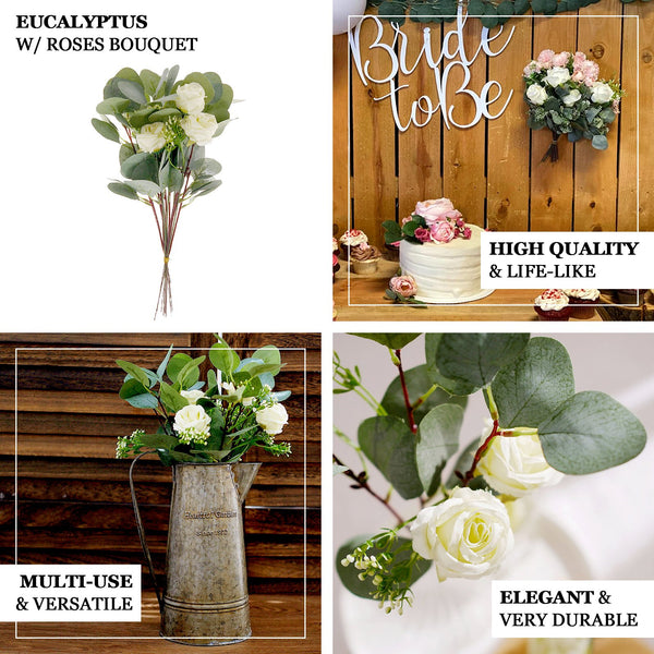 15inch Artificial Seeded Eucalyptus Leaves Stems, Ivory Silk Roses Wedding Greenery Bouquet Floral