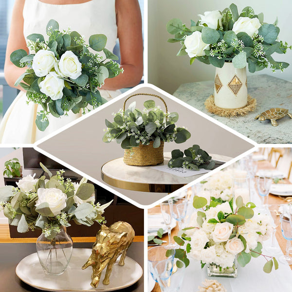 15inch Artificial Seeded Eucalyptus Leaves Stems, Ivory Silk Roses Wedding Greenery Bouquet Floral