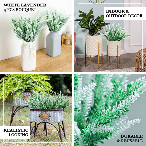 4 Bushes - 14inch White Artificial Lavender Bouquet, Artificial Wedding Bouquet