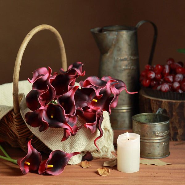 20 Pack | 14" Tall | Burgundy Artificial Calla Lily Flowers | Real Touch Flowers