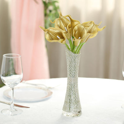 10 Pack - 14" Metallic Gold Artificial Calla Lily Flower Stems, Calla Lily Wedding Bouquet Stems