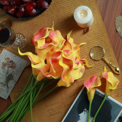 20 Pack | 14" Tall | Orange/Yellow Artificial Calla Lily Flowers | Real Touch Flowers