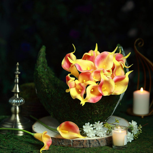 20 Pack | 14" Tall | Orange/Yellow Artificial Calla Lily Flowers | Real Touch Flowers