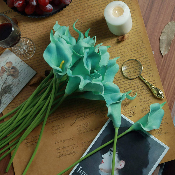 20 Pack | 14" Tall | Turquoise Artificial Calla Lily Flowers | Real Touch Flowers#whtbkgd