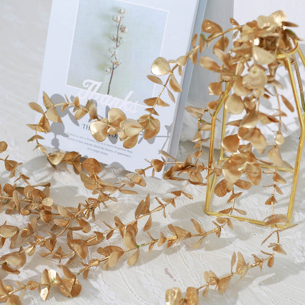 Metallic Gold Artificial Eucalyptus Leaf Garland, Tropical Leaves Garland Wedding Floral Decoration