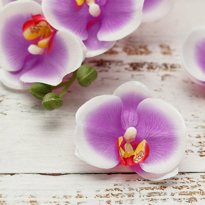 20pcs | 4 inch Butterfly Orchid Artificial Flower Heads, DIY Craft Silk Flowers - White | Purple#whtbkgd