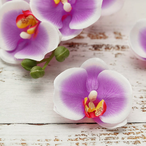 20pcs | 4 inch Butterfly Orchid Artificial Flower Heads, DIY Craft Silk Flowers - White | Purple#whtbkgd