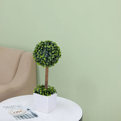 16inch Artificial Boxwood Topiary Ball Tree in White Planter Pot, Indoor Green Decorative Planter