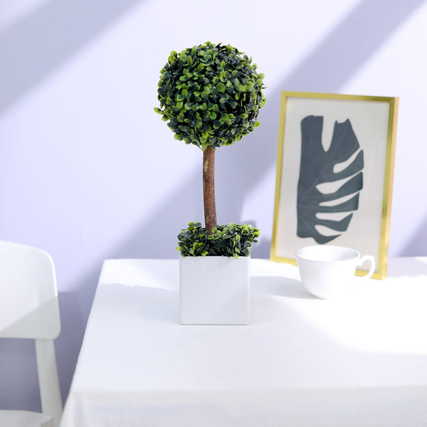 16inch Artificial Boxwood Topiary Ball Tree in White Planter Pot, Indoor Green Decorative Planter