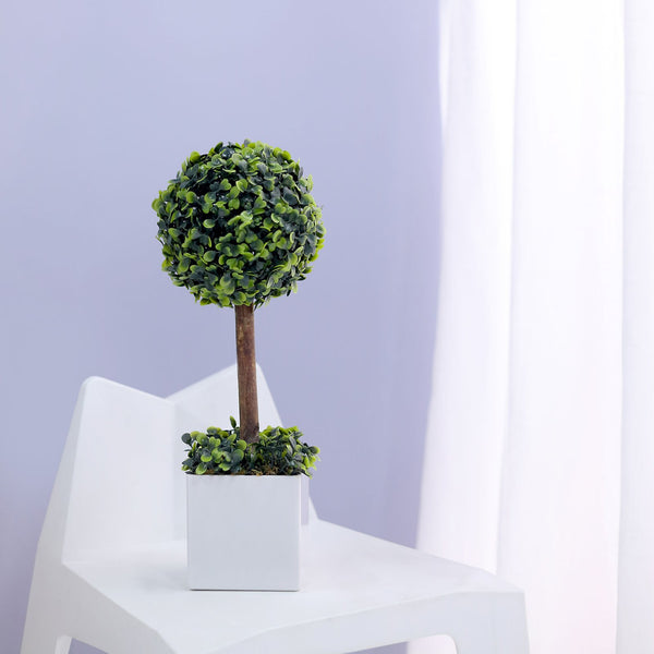 16inch Artificial Boxwood Topiary Ball Tree in White Planter Pot, Indoor Green Decorative Planter