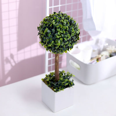 16inch Artificial Boxwood Topiary Ball Tree in White Planter Pot, Indoor Green Decorative Planter