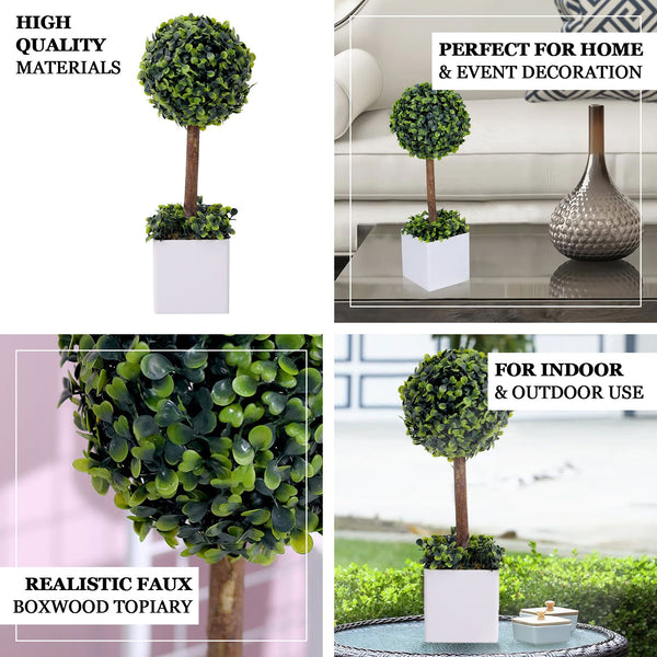 16inch Artificial Boxwood Topiary Ball Tree in White Planter Pot, Indoor Green Decorative Planter