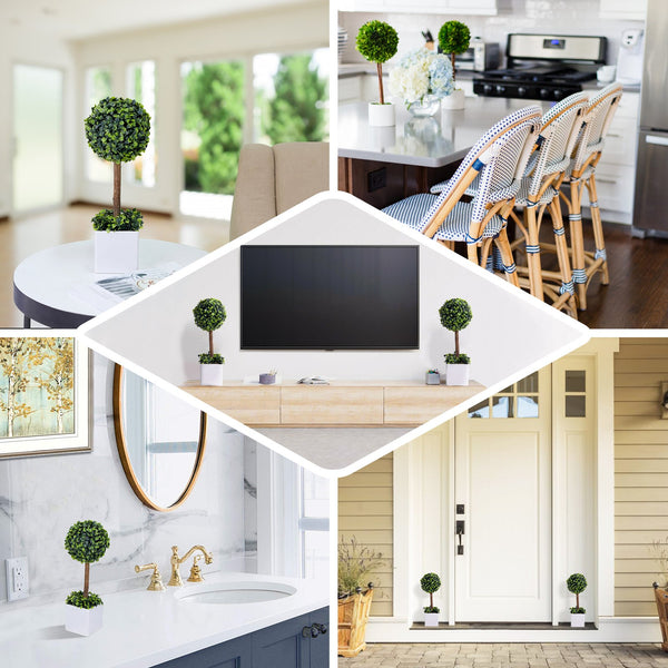 16inch Artificial Boxwood Topiary Ball Tree in White Planter Pot, Indoor Green Decorative Planter