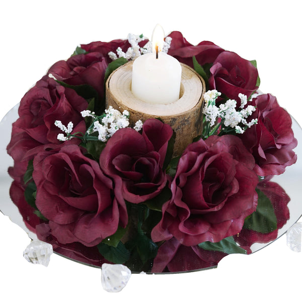 Silk Rose Candle Ring Artificial Flowers - Burgundy - 4 pcs