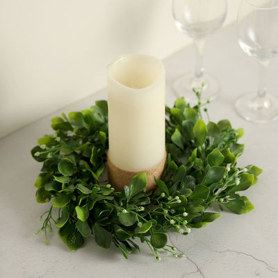 12inch Artificial Boxwood Wreath Candle Rings, Faux Leaves Wreath Garland Rings - Dark Green