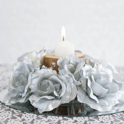 Silk Rose Candle Ring Artificial Flowers - Silver - 4 pcs