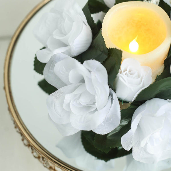 4 Pack White Artificial Silk Rose Floral Candle Rings