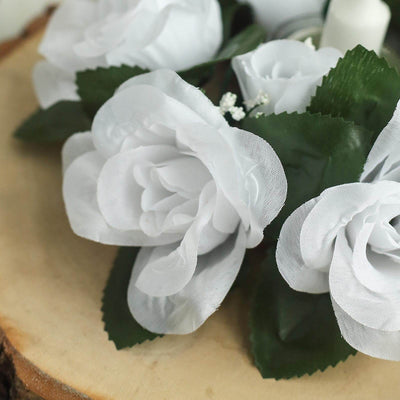 4 Pack White Artificial Silk Rose Floral Candle Rings#whtbkgd