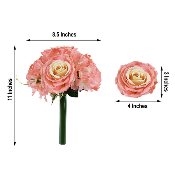 2 Pack | Coral Rose & Hydrangea Artificial Silk Flowers Bouquet